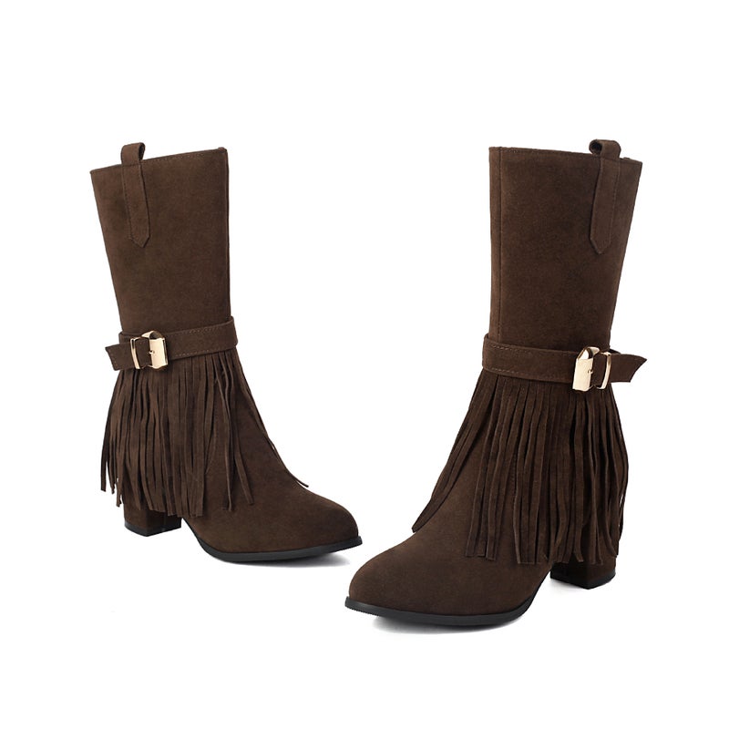 2024 Fashion High-Heeled Tassel Boots 40-48 Plus Size Suede Thick-Heeled Women'S Boots Trendy - Image 1