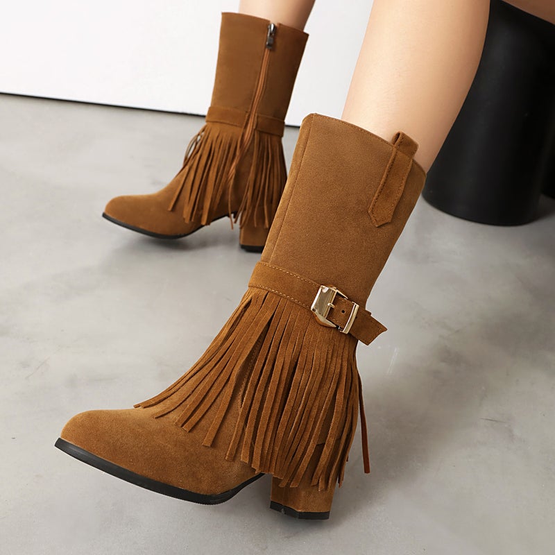 2024 Fashion High-Heeled Tassel Boots 40-48 Plus Size Suede Thick-Heeled Women'S Boots Trendy - Image 5