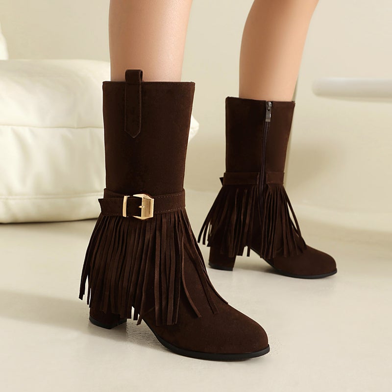 2024 Fashion High-Heeled Tassel Boots 40-48 Plus Size Suede Thick-Heeled Women'S Boots Trendy - Image 4