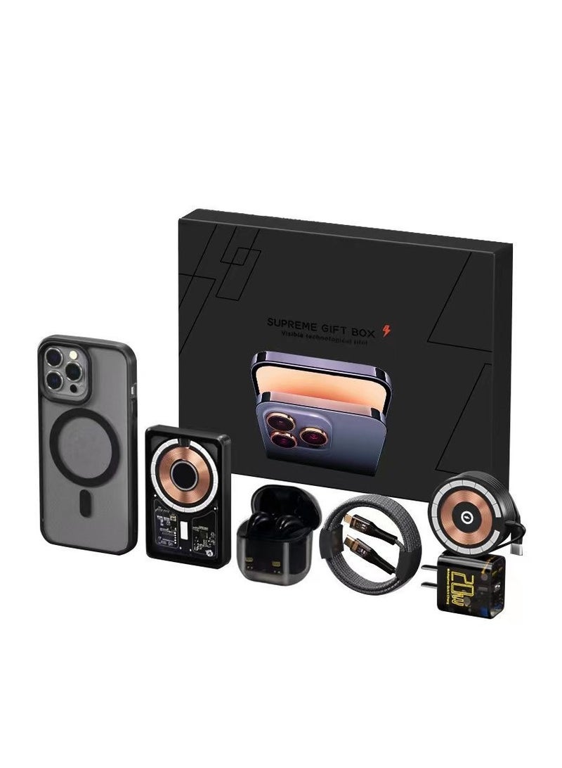 Arabest Accessory gift box, 6-piece set, with wireless charger, protective case, and Bluetooth earphones - Image 1