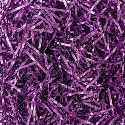 LJY Glitter Raffia Paper Shreds 100g Crinkle Cut Filler for Gift Wrapping Basket Filling Wedding Decorations Party Supplies and DIY Crafts Shredded Confetti Strands Glitter Purple