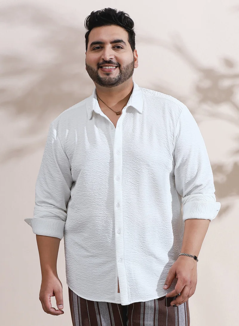 Instafab Plus Instafab Plus Men's Cream White Surf-Tactile Shirt For Casual Wear | Spread Collar | Long Cuffed Sleeves | Button Closure | Plus Size Shirt Crafted With Comfort Fit For Everyday Wear