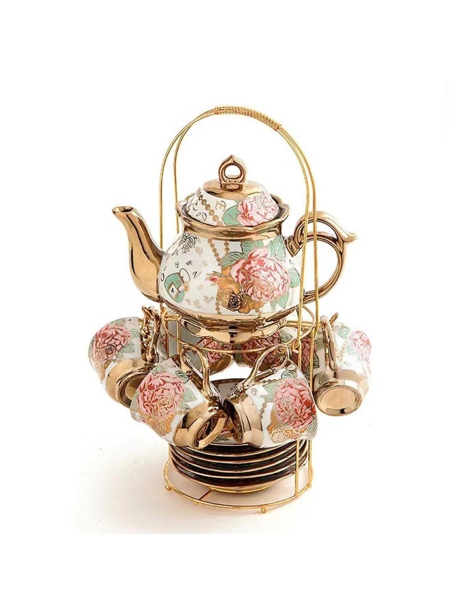Porcelain Tea Set, With Metal Holder, European Ceramic tea set for adults, Flower Tea Set, Tea Set With Flower Painting - Image 1