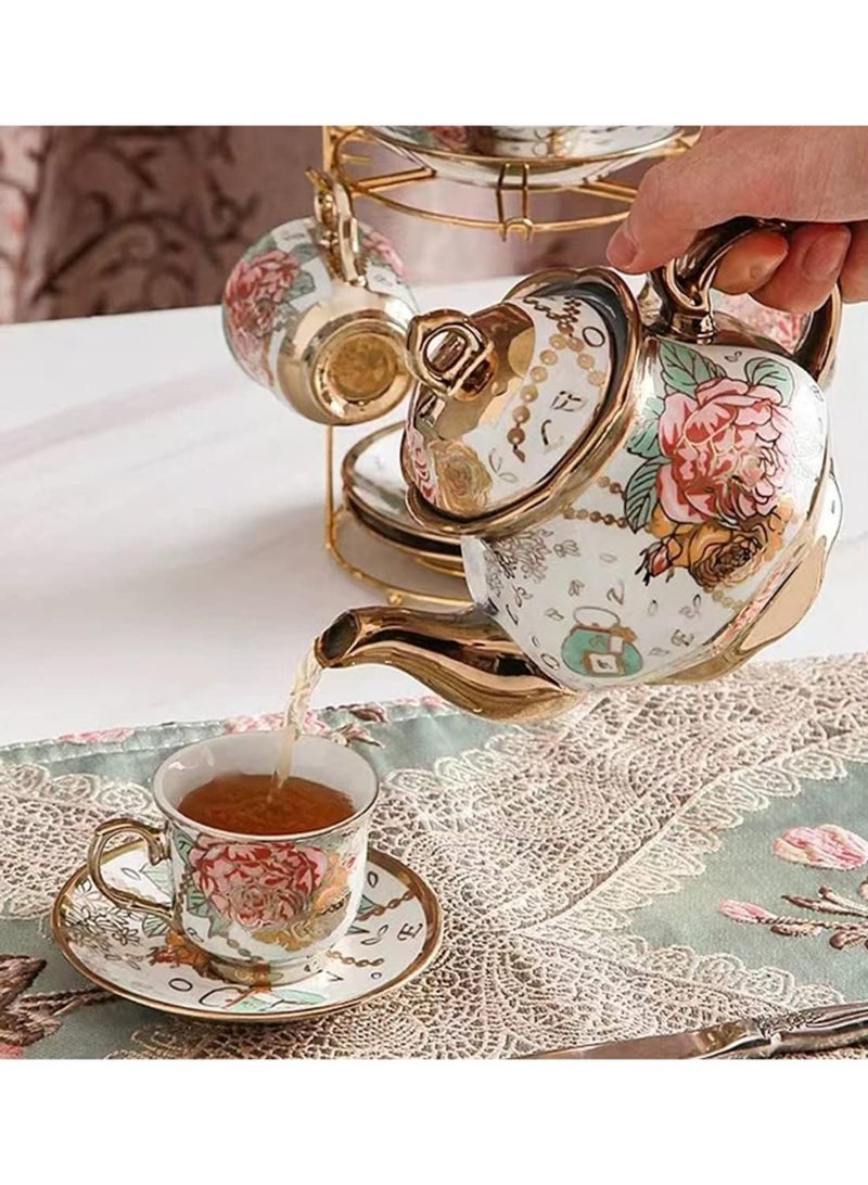 Porcelain Tea Set, With Metal Holder, European Ceramic tea set for adults, Flower Tea Set, Tea Set With Flower Painting - Image 4