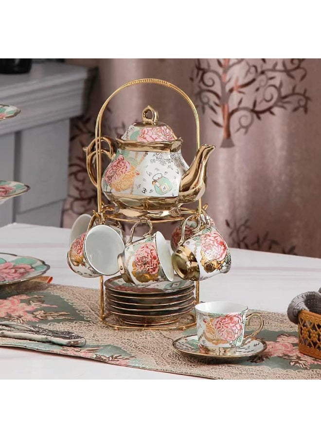 Porcelain Tea Set, With Metal Holder, European Ceramic tea set for adults, Flower Tea Set, Tea Set With Flower Painting - Image 2