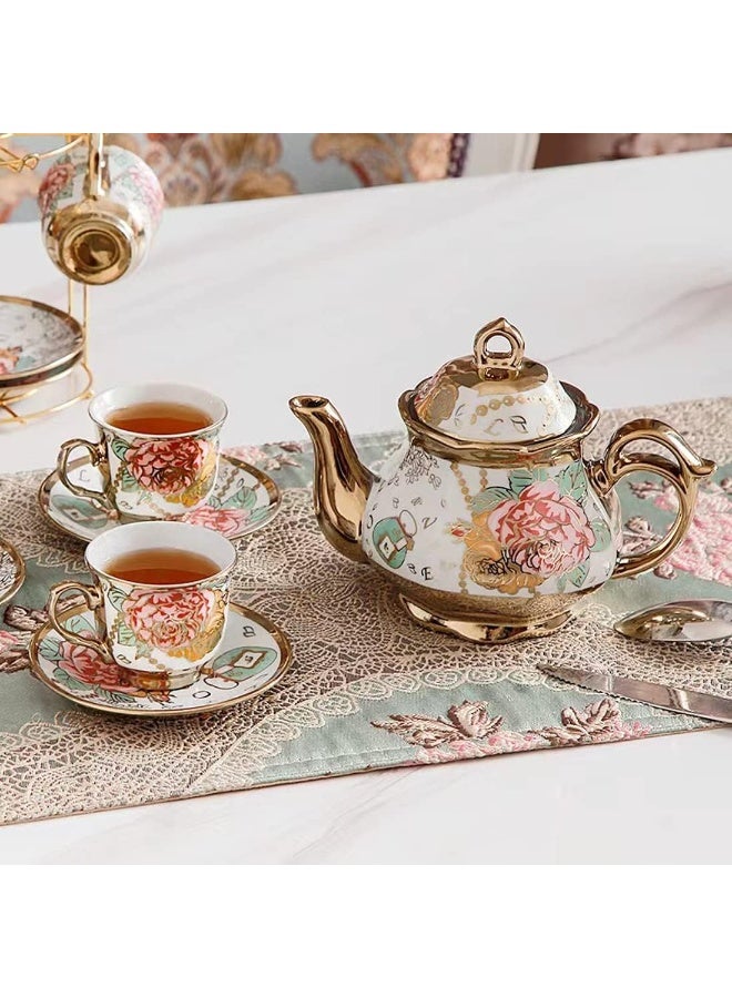 Porcelain Tea Set, With Metal Holder, European Ceramic tea set for adults, Flower Tea Set, Tea Set With Flower Painting - Image 5