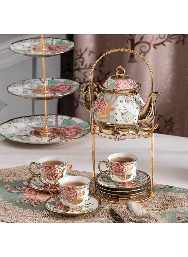 Porcelain Tea Set, With Metal Holder, European Ceramic tea set for adults, Flower Tea Set, Tea Set With Flower Painting - Image 3
