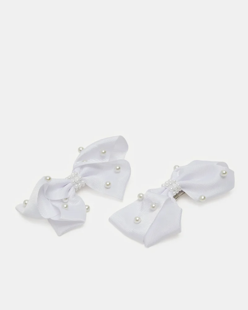 REDTAG Girls White Embellished Hair Clip Set (Pack of 2)