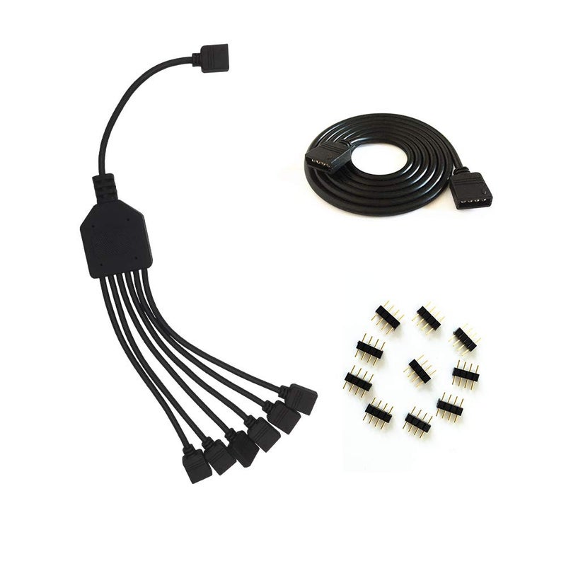 HUALAND 4 Pins Black RGB LED Splitter Cable LED Strip Connector 6 Way Splitter Y Splitter for One to six RGB 5050 3528 LED Light Strips with1m RGB Wire10x Male 4 Pin Plugs