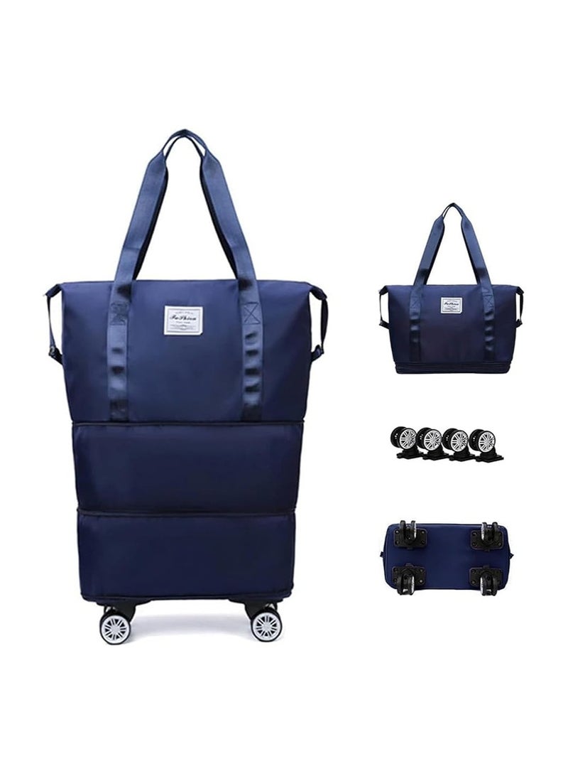 Rolling Duffle Bag with Detachable Wheel, Weekend Expandable Foldable Carry On Travel Luggage Bag, Oxford Handbag with Spinner Wheels, 28-43-58L Large Capacity Traveling Suitcase (Dark Blue) - Image 1