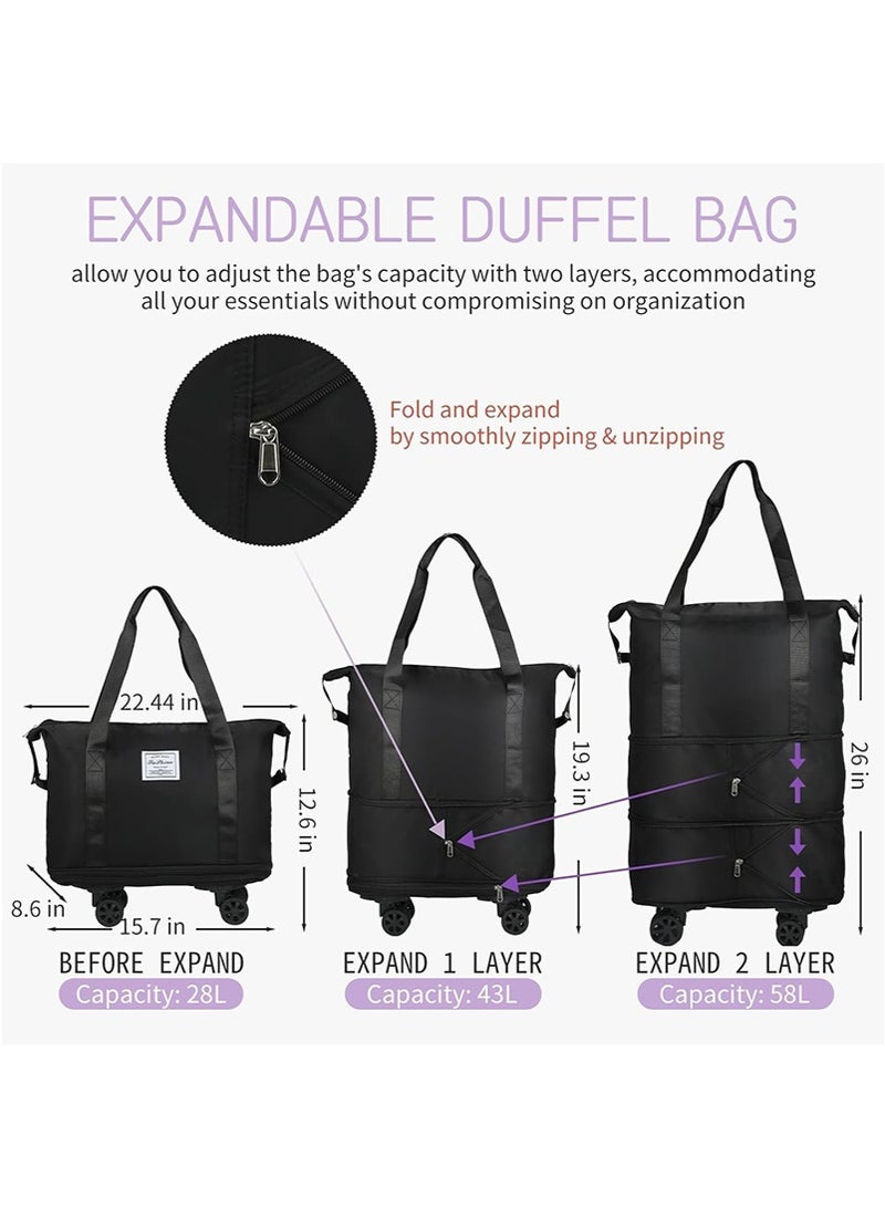 Rolling Duffle Bag with Detachable Wheel, Weekend Expandable Foldable Carry On Travel Luggage Bag, Oxford Handbag with Spinner Wheels, 28-43-58L Large Capacity Traveling Suitcase (Dark Blue) - Image 2