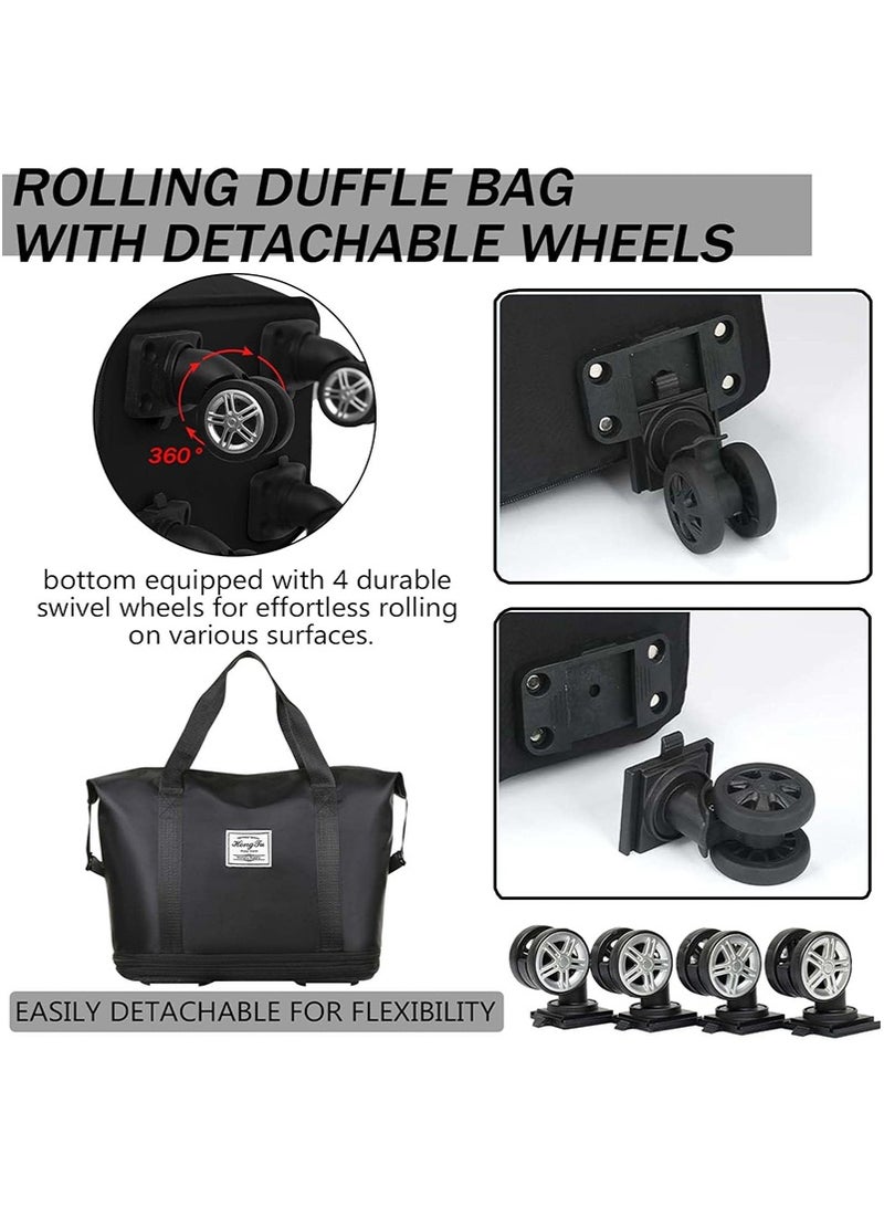 Rolling Duffle Bag with Detachable Wheel, Weekend Expandable Foldable Carry On Travel Luggage Bag, Oxford Handbag with Spinner Wheels, 28-43-58L Large Capacity Traveling Suitcase (Dark Blue) - Image 3
