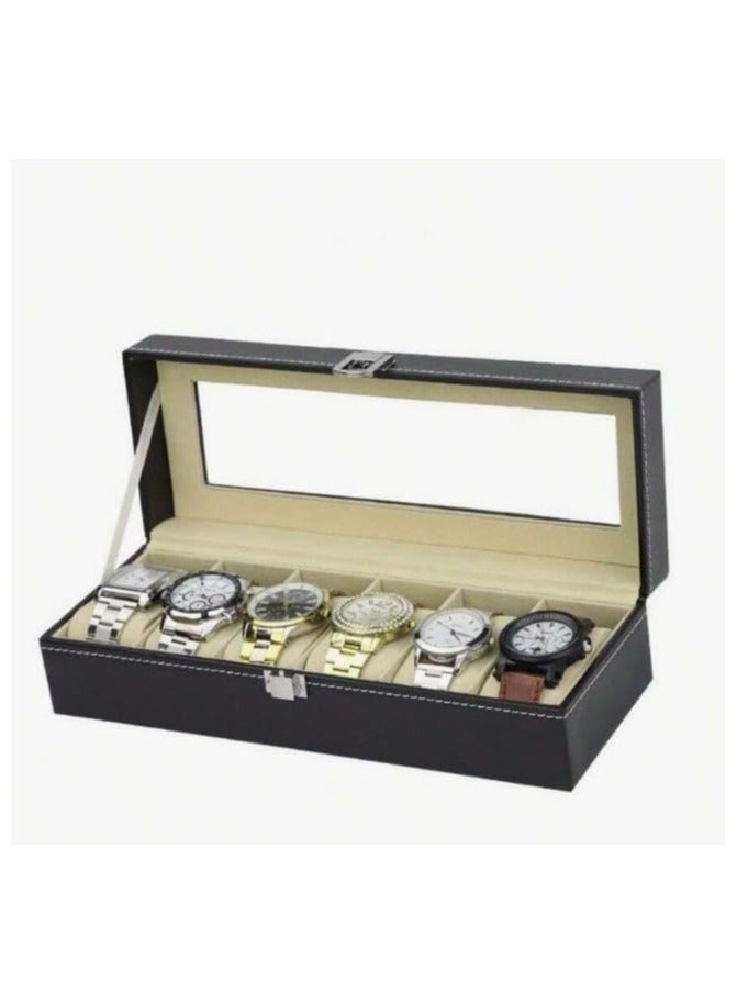 منظم صندوق ساعات من الجلد - حافظة تخزين ساعات من جلد البولي يوريثين مع فتحات متعددة، حافظة عرض ساعة انيقة لمجموعة الساعات وملحقاتها (6 فتحات متوسطة) - Image 1