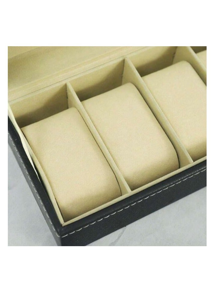 منظم صندوق ساعات من الجلد - حافظة تخزين ساعات من جلد البولي يوريثين مع فتحات متعددة، حافظة عرض ساعة انيقة لمجموعة الساعات وملحقاتها (6 فتحات متوسطة) - Image 4