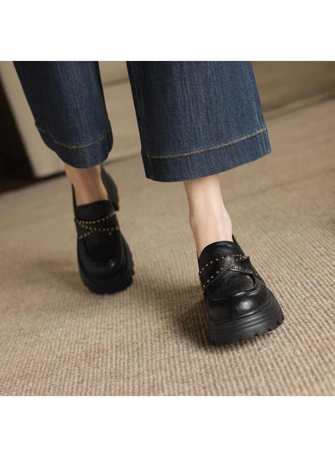 AME British Style Loafers 2025 Autumn New Retro Rivet Deep Single Shoes Comfortable Loafers Women - Image 3