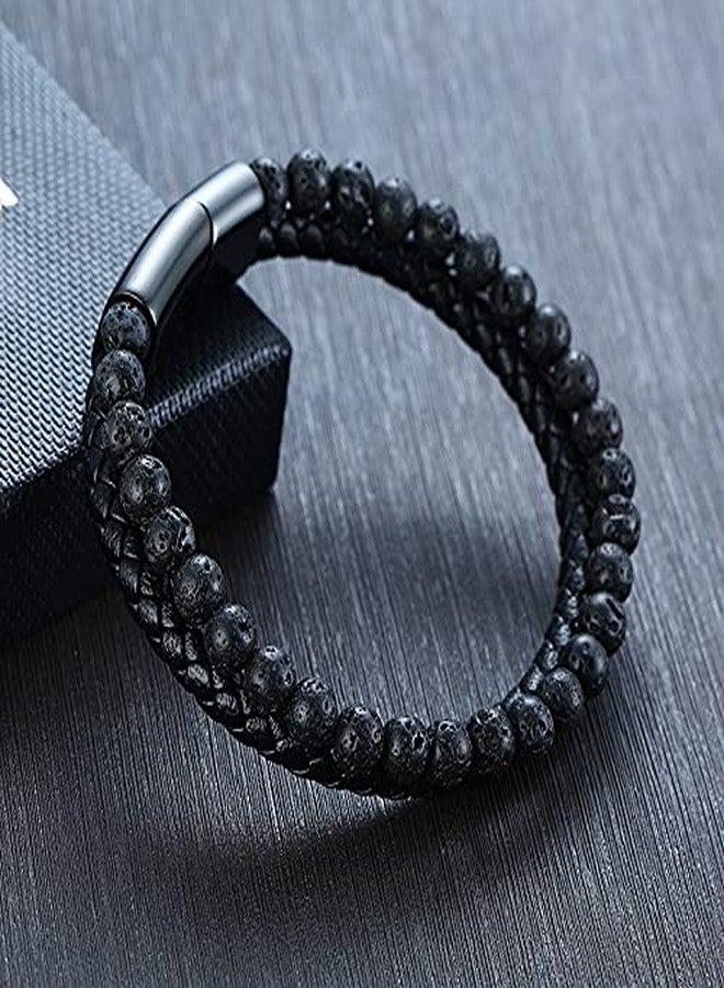 VNOX Two-Strand Braided Leather Cuff Wristband Bead Rope Bracelet Engraved Viking Runic Compass Pagan Jewelry - Image 4