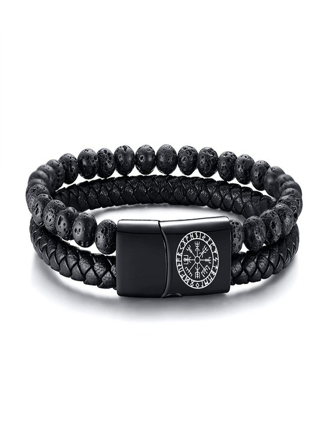 VNOX Two-Strand Braided Leather Cuff Wristband Bead Rope Bracelet Engraved Viking Runic Compass Pagan Jewelry - Image 1