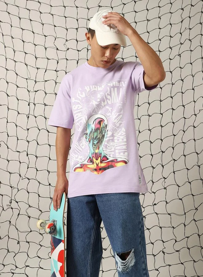 هوبرهولمي Men Futuristic Printed Oversized Fit T-Shirt