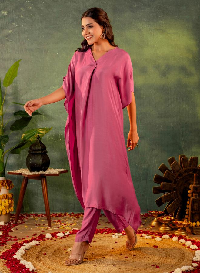 KASYA Pink Muslin V Neck Kaftan and Pants Co Ords - Image 3