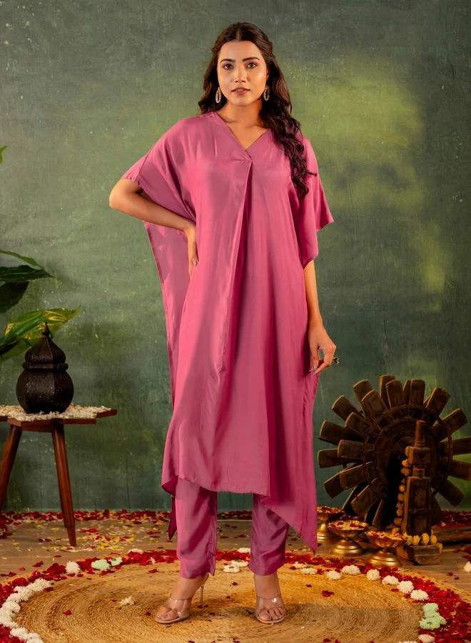 KASYA Pink Muslin V Neck Kaftan and Pants Co Ords