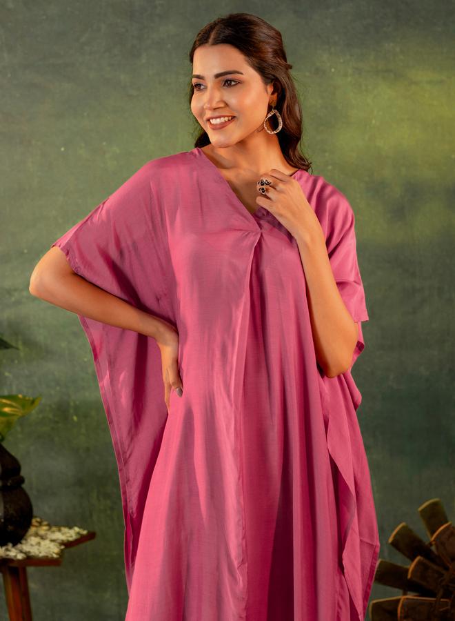 KASYA Pink Muslin V Neck Kaftan and Pants Co Ords - Image 4