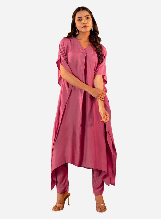 KASYA Pink Muslin V Neck Kaftan and Pants Co Ords - Image 1