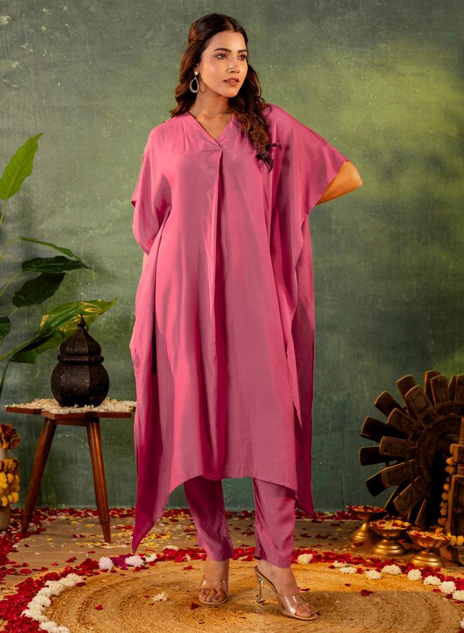 KASYA Pink Muslin V Neck Kaftan and Pants Co Ords - Image 5