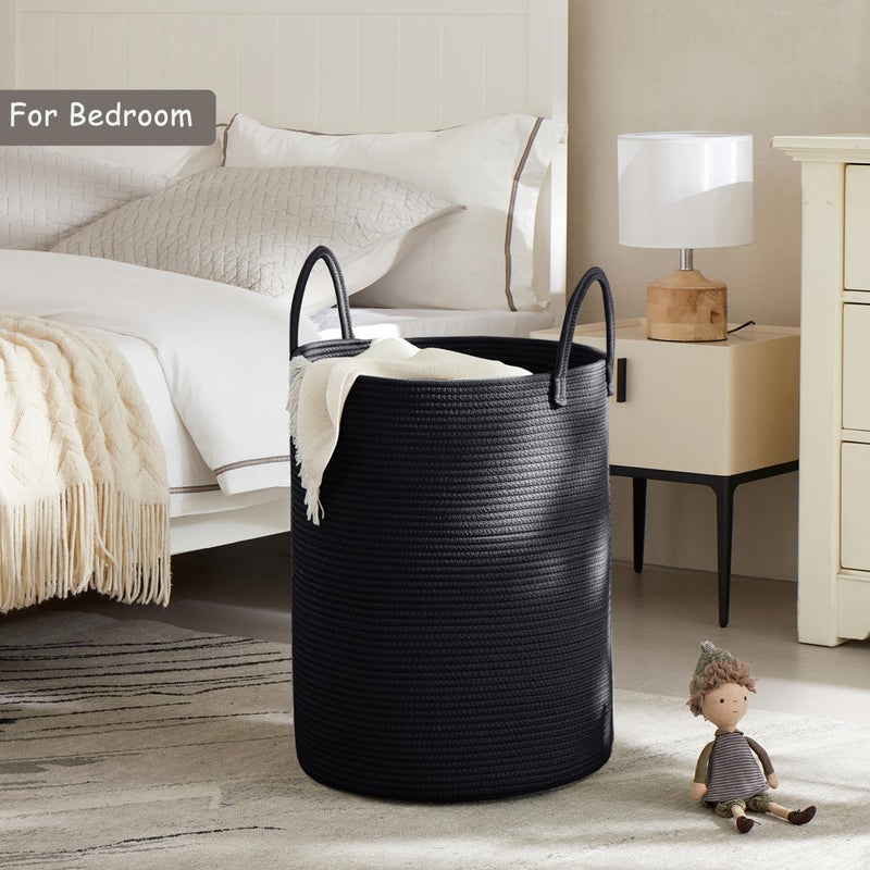 MOJOSCEND 60L Black Woven Rope Hamper Laundry Basket for Clothes Tall Modern Blanket Storage Basket in Living Room Bedroom 15Dx20H inches - Image 2