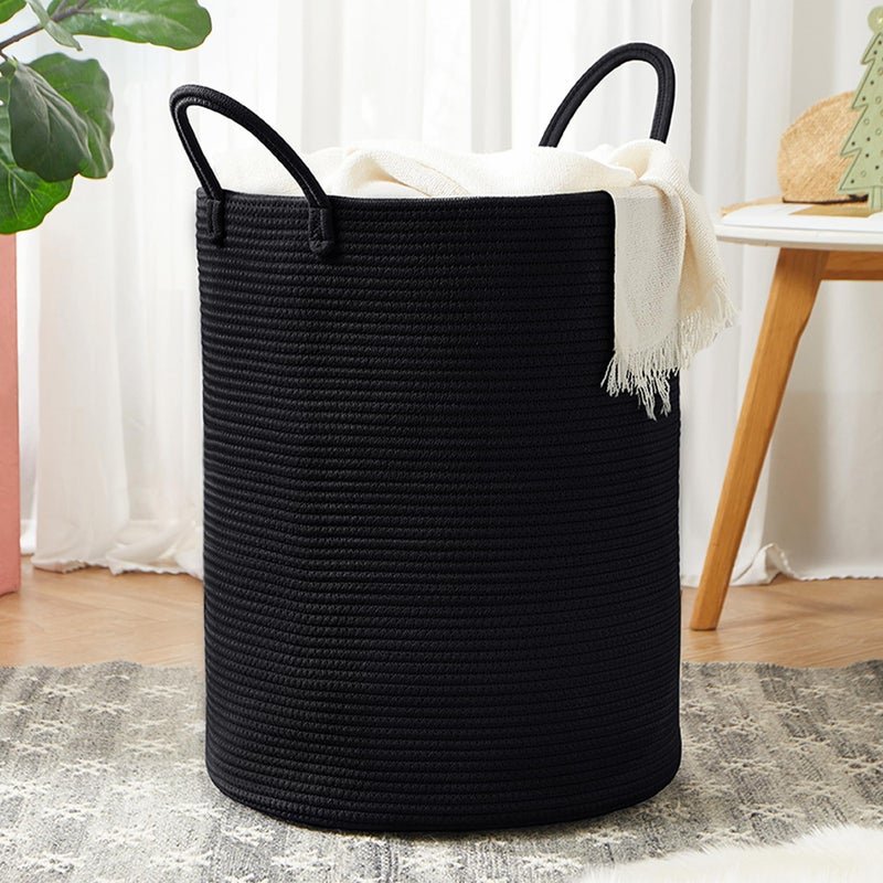 MOJOSCEND 60L Black Woven Rope Hamper Laundry Basket for Clothes Tall Modern Blanket Storage Basket in Living Room Bedroom 15Dx20H inches - Image 1