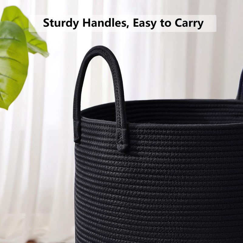 MOJOSCEND 60L Black Woven Rope Hamper Laundry Basket for Clothes Tall Modern Blanket Storage Basket in Living Room Bedroom 15Dx20H inches - Image 4