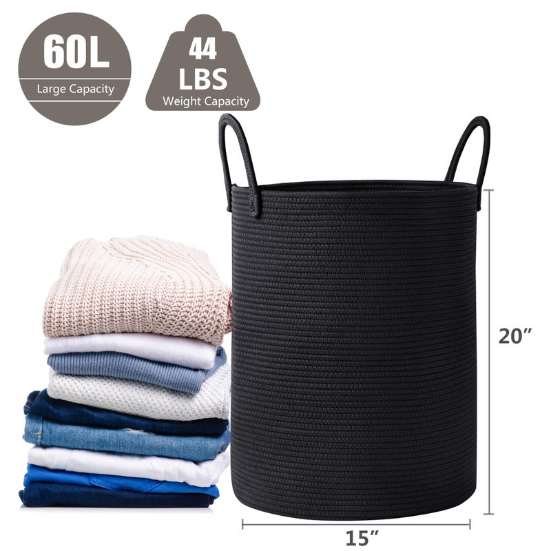 MOJOSCEND 60L Black Woven Rope Hamper Laundry Basket for Clothes Tall Modern Blanket Storage Basket in Living Room Bedroom 15Dx20H inches - Image 3