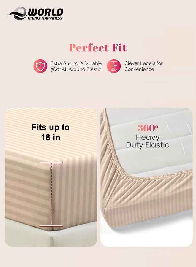 إي وورلد ملاءة سرير مزوّدة بسطح مطاطي من الألياف الدقيقة بخطوط باللون الكريمي، بجيب عميق لملاءمة محكمة، قابلة للتنفس وسهلة الغسل في الغسالة لحماية مثالية، متوفرة بمقاسات كينغ وكوين وسنجل، بدون غطاء وسادة - Image 4