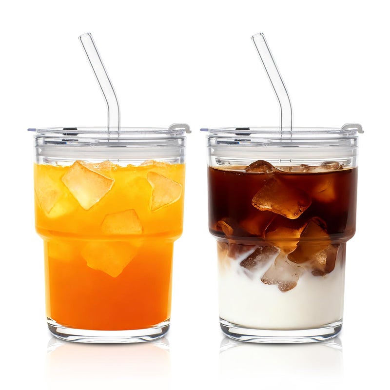 SoulTimes 13oz Glass Tumbler with Lid and Glass Straw Set of 2 â€“ Thick-Walled Iced Coffee Cup, Reusable Clear Glass Cups for Water, Iced Tea, Coffee, Juice, Perfect for On-the-Go & Daily Use - Image 1