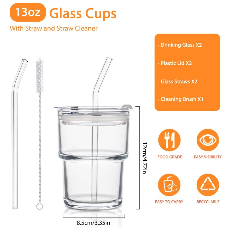 SoulTimes 13oz Glass Tumbler with Lid and Glass Straw Set of 2 â€“ Thick-Walled Iced Coffee Cup, Reusable Clear Glass Cups for Water, Iced Tea, Coffee, Juice, Perfect for On-the-Go & Daily Use - Image 2