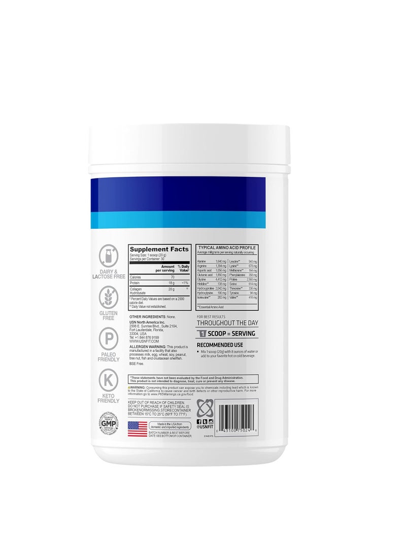USN - Collagen Peptides Hydrolysed Type 1 And 3 Collagen 20g Of Collagen Per Serving 18g Protein Per Serving Unflavoured 600g - Image 1