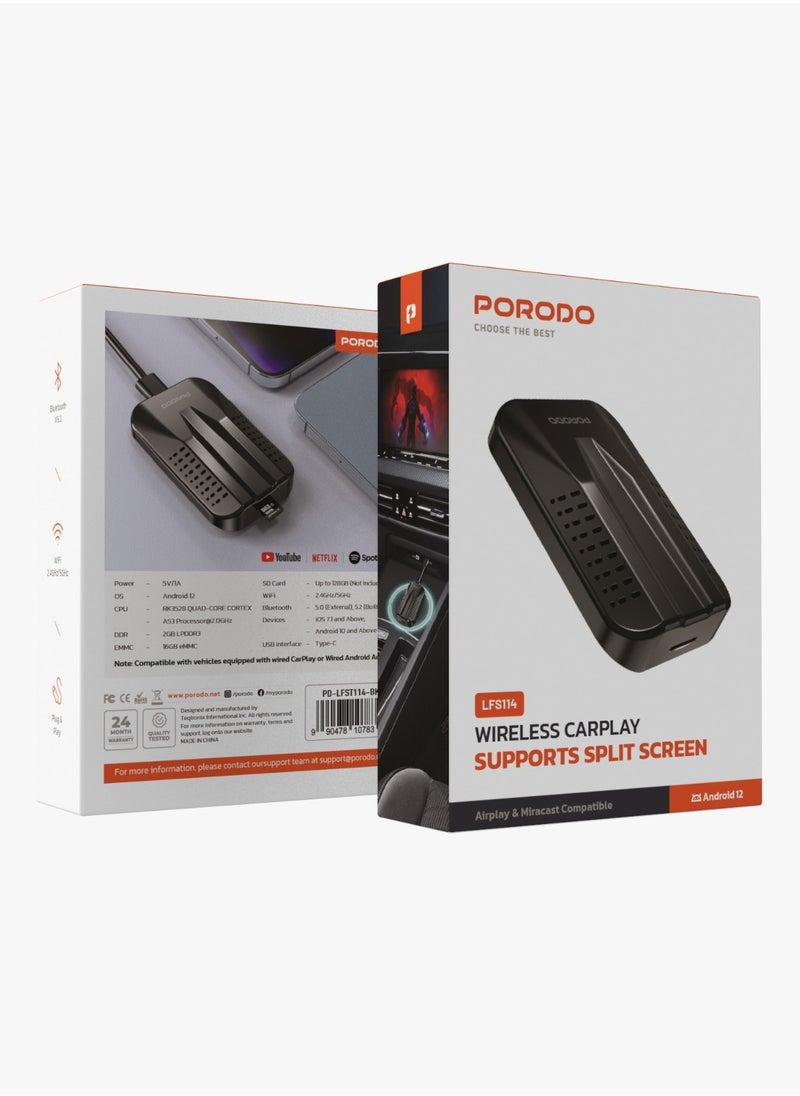 porodo - Wireless Car play Supports Split Screen / Airplay & Miracast Compatible | YouTube | Spotify | Netflix | Android 12 / Bluetooth / WiFi / SD Card / Plug & Play - Black - Image 1