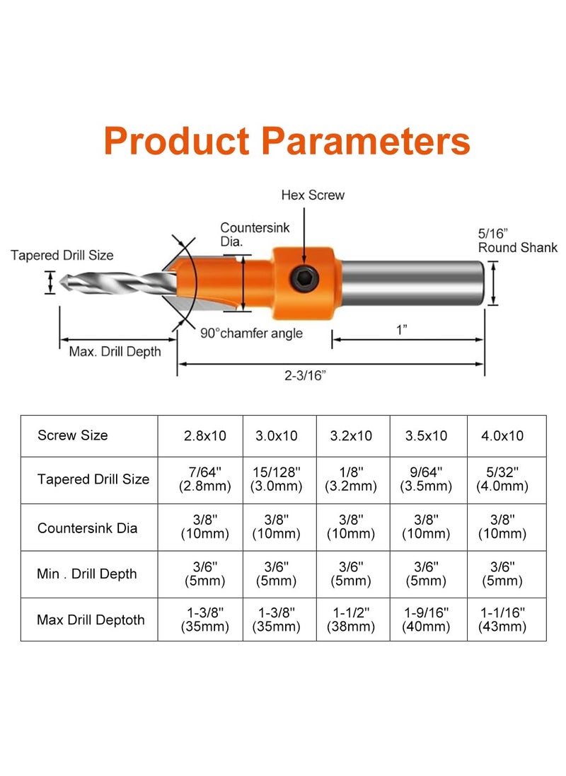 Serplex - Serplex 10Pcs Wood Countersink Drill Bit Set 5Pcs Countersink Drill Bit with 5Pcs Extra Pilot Drill Bit Tapered Drill Bits with 516 Round Shank Counter Sinker Drill Bit Set for Woodworking - Image 1