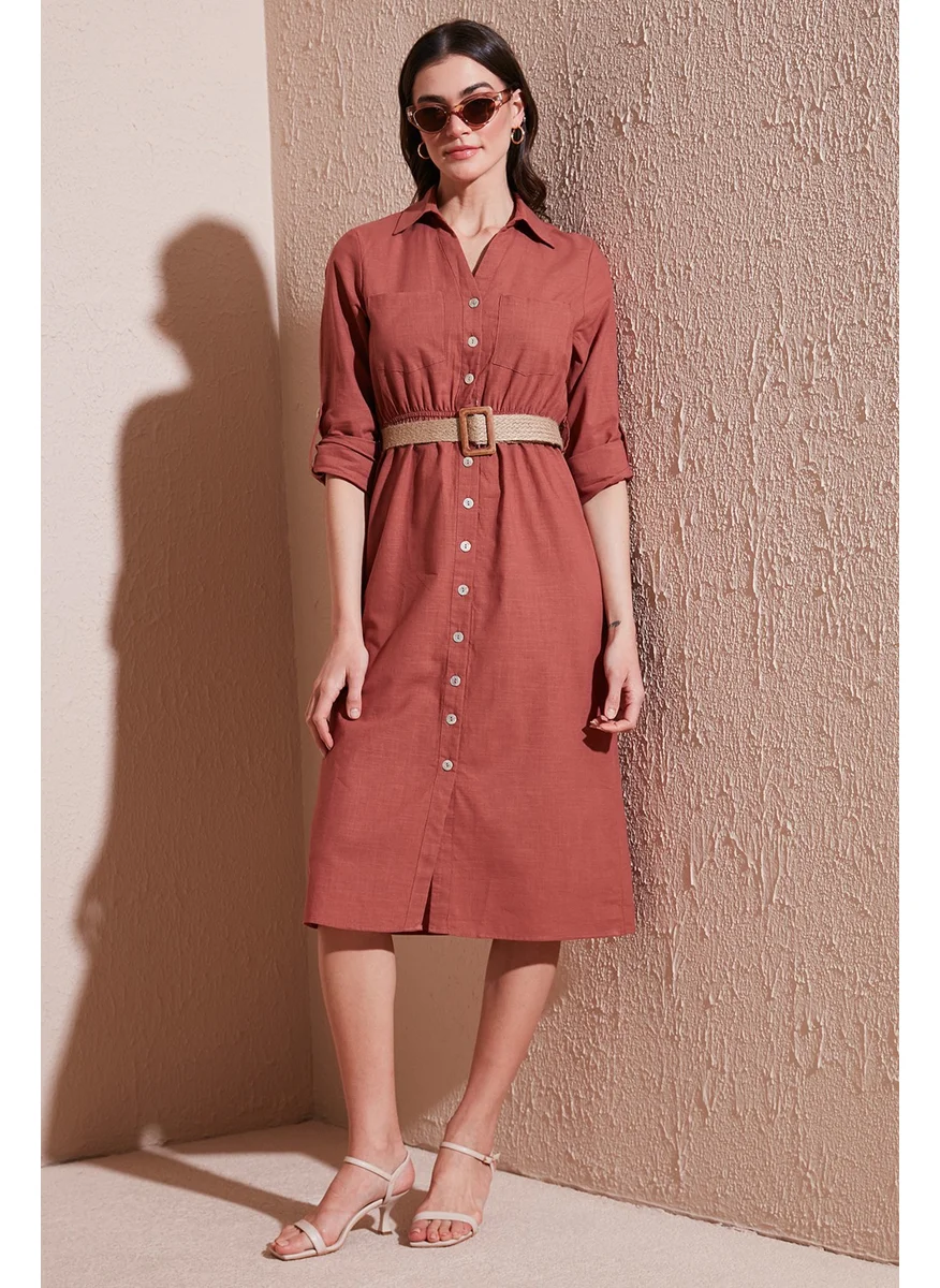 Lela Cotton Regular Fit Belted Midi Length Shirt Dress Women's Dress 67810301