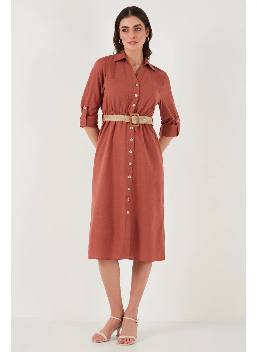 Lela Cotton Regular Fit Belted Midi Length Shirt Dress Women's Dress 67810301