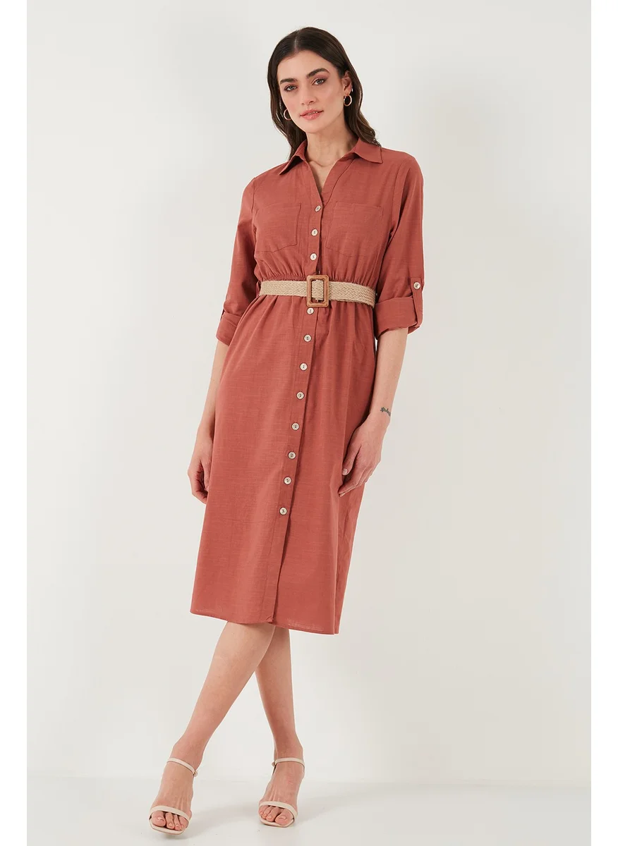 Lela Cotton Regular Fit Belted Midi Length Shirt Dress Women's Dress 67810301