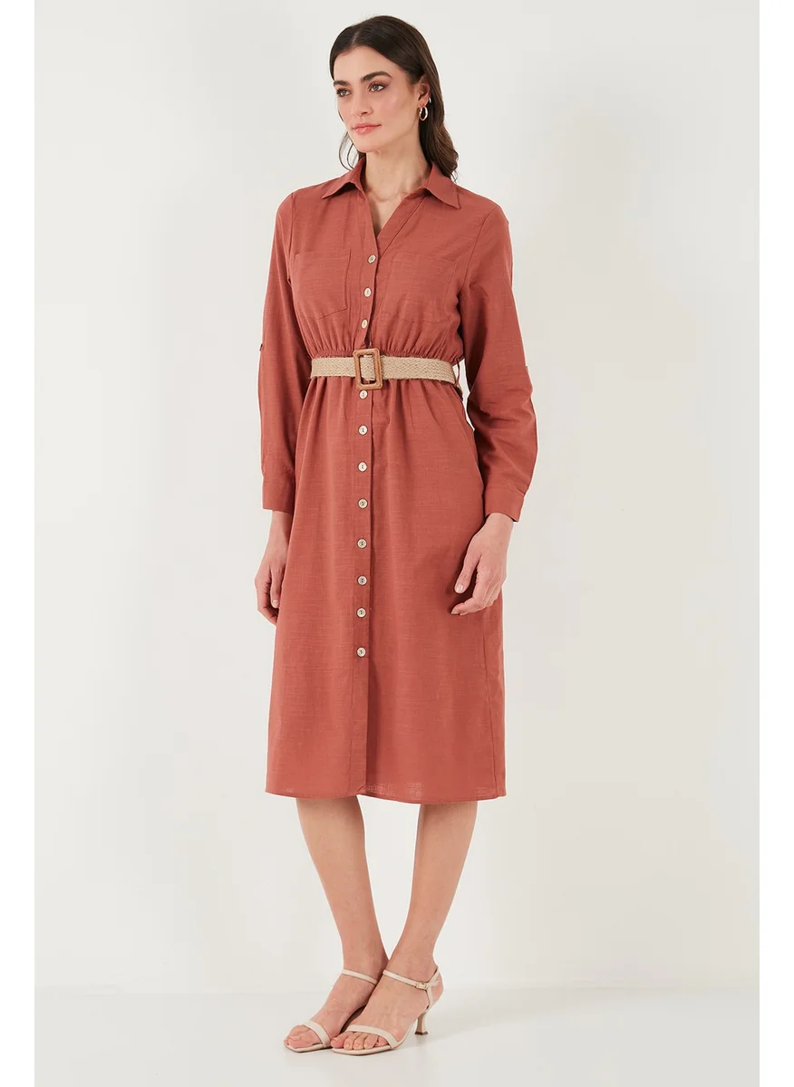 Lela Cotton Regular Fit Belted Midi Length Shirt Dress Women's Dress 67810301