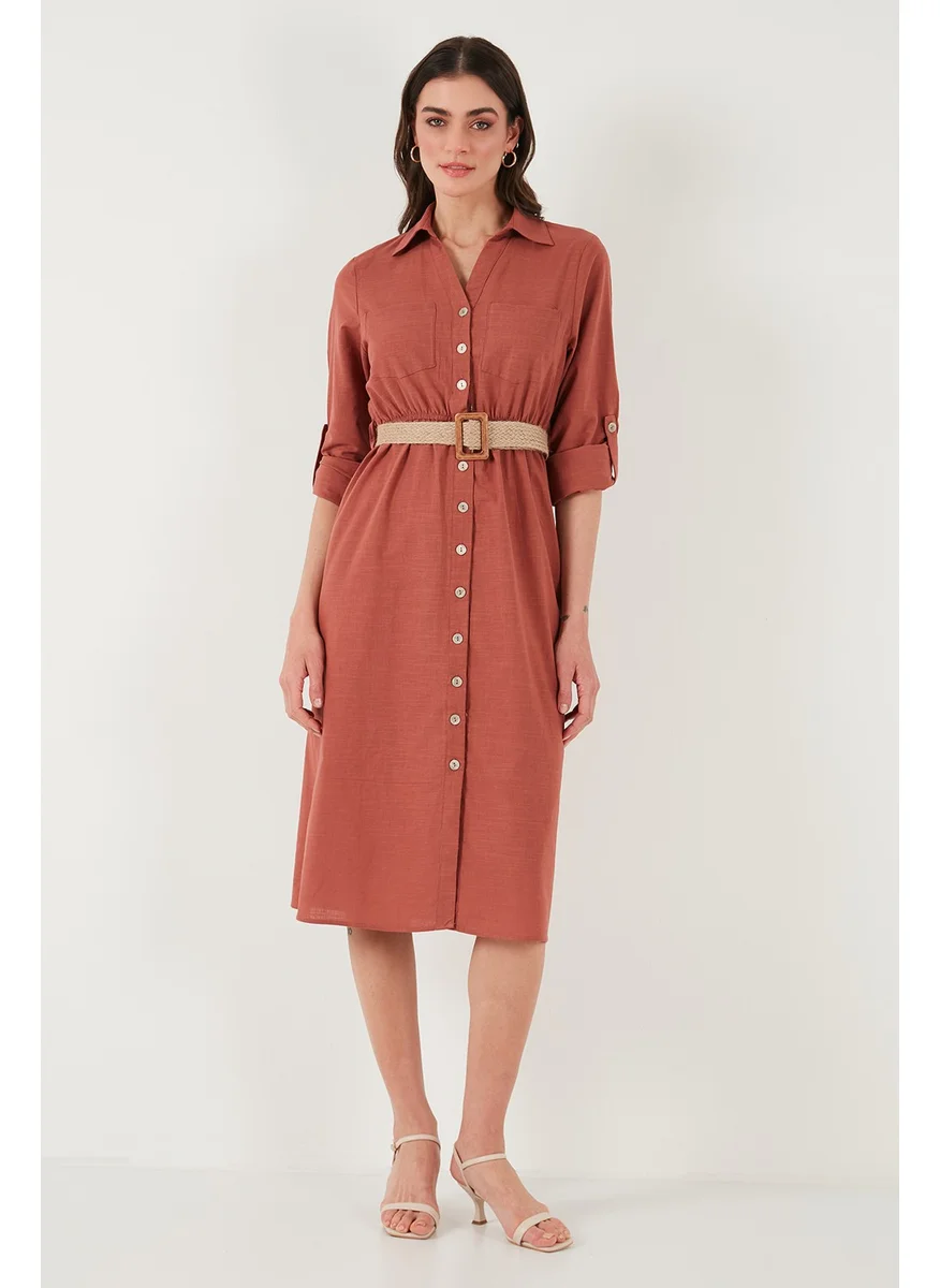 Lela Cotton Regular Fit Belted Midi Length Shirt Dress Women's Dress 67810301