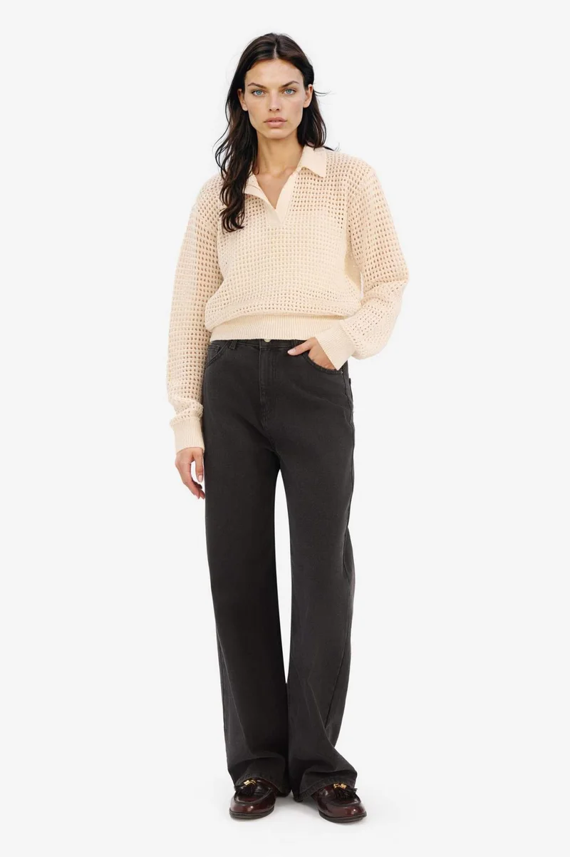 ديفاكتو Relax Fit Polo Neck Basic Openwork Knit Pullover