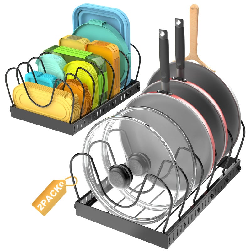 NomNest 2PACK Pot Lid Organizers Inside Cabinet for Kitchen, Pots and Pans Organizer Under Cabinet with 16 Adjustable Dividers, Countertop Lid Holder, Rust-Resistant, Tool-Free Installation, Easy to Clean - Image 1
