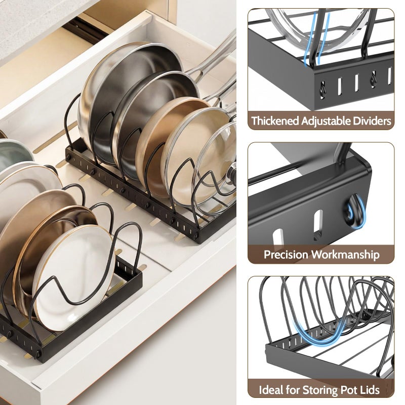 NomNest 2PACK Pot Lid Organizers Inside Cabinet for Kitchen, Pots and Pans Organizer Under Cabinet with 16 Adjustable Dividers, Countertop Lid Holder, Rust-Resistant, Tool-Free Installation, Easy to Clean - Image 4