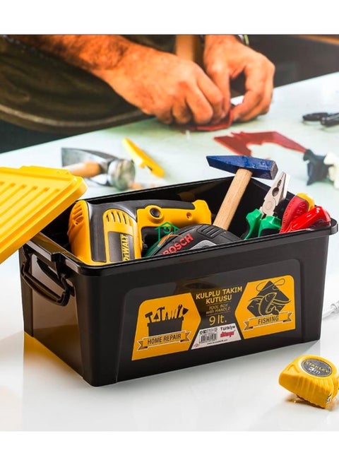 Dunia Black Tool Box Container with Lid & Handle - Volume 9 Lt - Versatile for Home Repair & Fishing