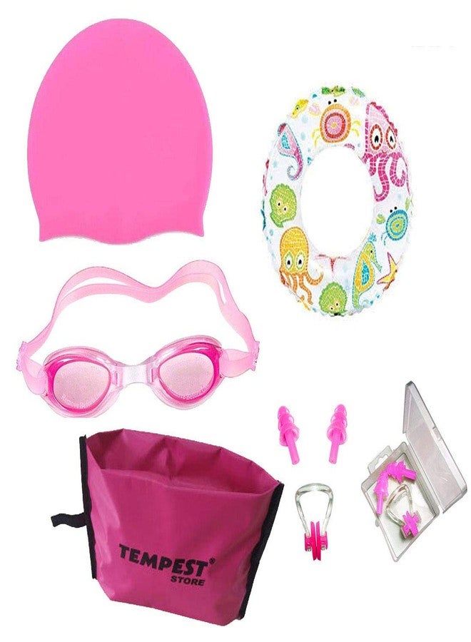 TEMPEST Swimming Kit with Swimming Goggles Silicone Swimming Cap + 1 Nose Clip + 2 Ear Plugs Swimming Tube and Free KIT Bag (Pink) - Image 1