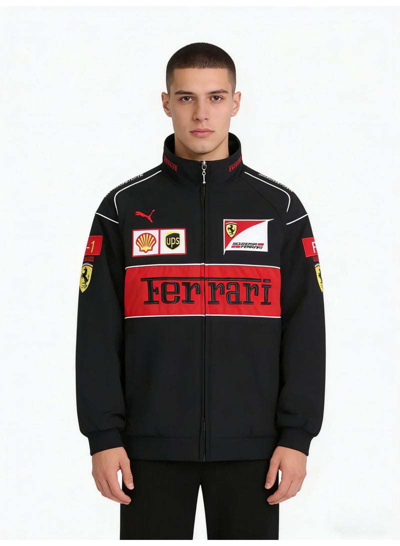 F1 Ferrari x PUMA F1 Racing Jacket - Shell/UPS Sponsor Badges, Black/Red Color Block, Full-Zip, Unisex Motorsport Streetwear Coat (Saudi Edition) - Image 3