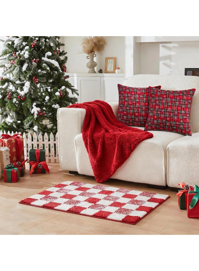 HI-FINE عبوة من 2 غطاء وسادة مزخرف بمناسبة عيد الميلاد بنمط الكاروهات مع ثلج، غطاء وسادة اسكتلندي للكنبة، ديكور عطلة للمزرعة باللونين الأحمر والأخضر، 18x18 بوصة - Image 3