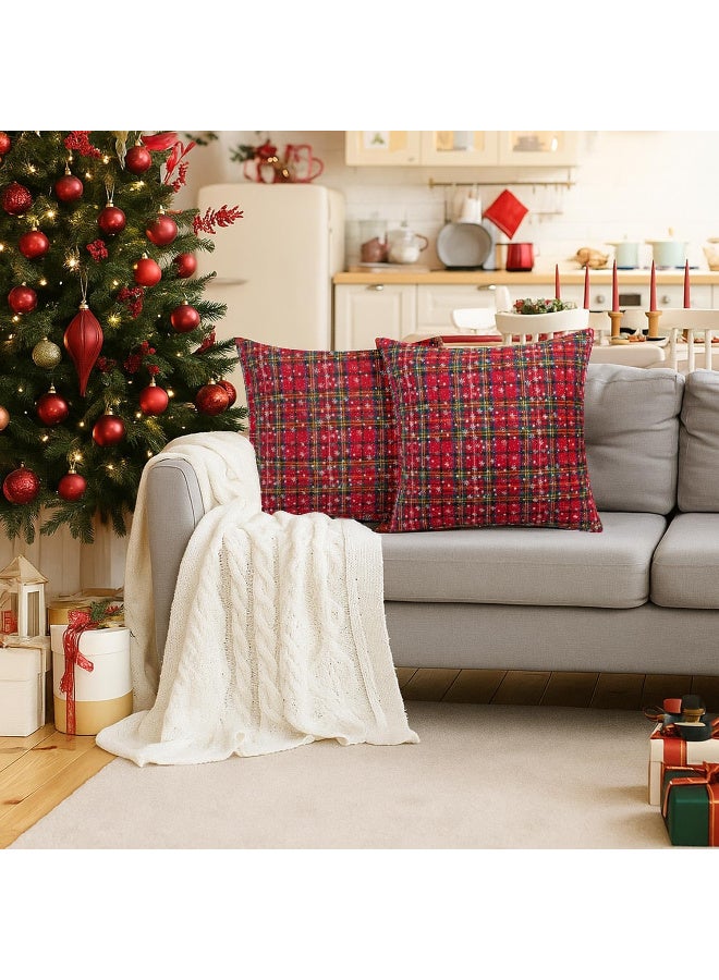 HI-FINE عبوة من 2 غطاء وسادة مزخرف بمناسبة عيد الميلاد بنمط الكاروهات مع ثلج، غطاء وسادة اسكتلندي للكنبة، ديكور عطلة للمزرعة باللونين الأحمر والأخضر، 18x18 بوصة - Image 4